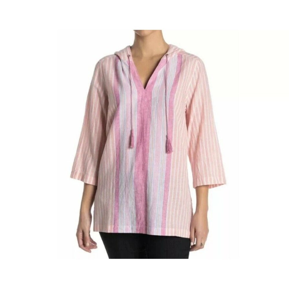 Women's TOMMY BAHAMA Striped Hooded "Lovely Lanes" Linen Blend Baja Top M